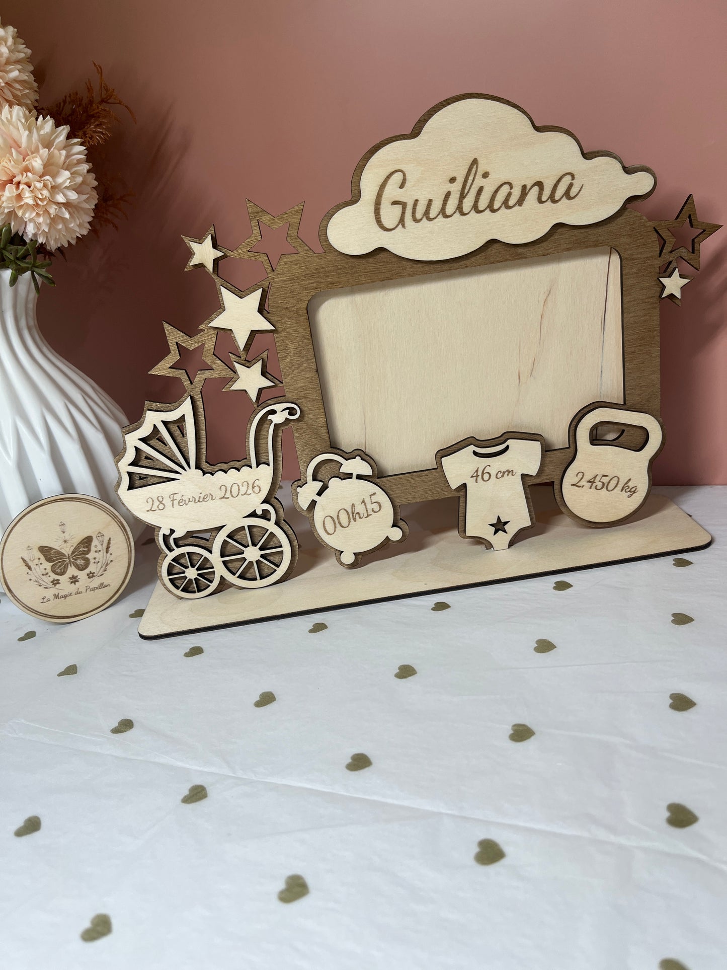 Cadre Naissance personnalisé en bois pour photo