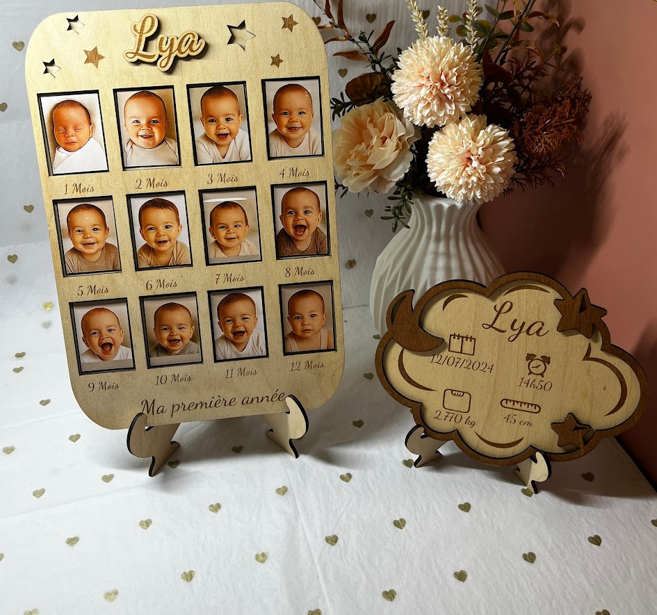 Coffret Naissance Personnalisé : Cadre “Ma première année” + Plaque “Nuage”