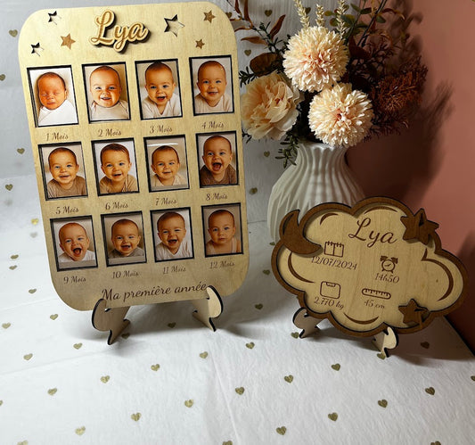 Coffret Naissance Personnalisé : Cadre “Ma première année” + Plaque “Nuage”