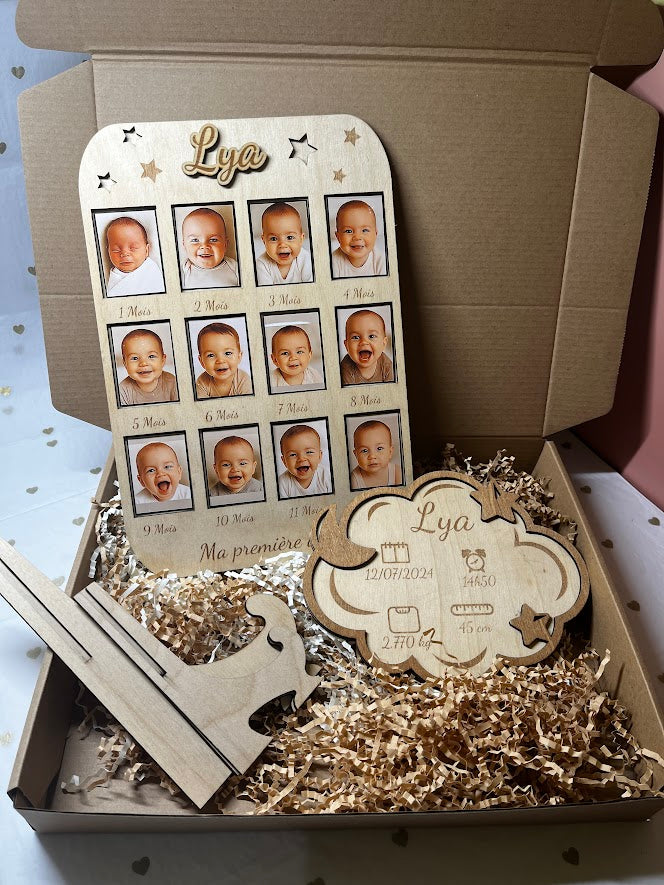 Coffret Naissance Personnalisé : Cadre “Ma première année” + Plaque “Nuage”