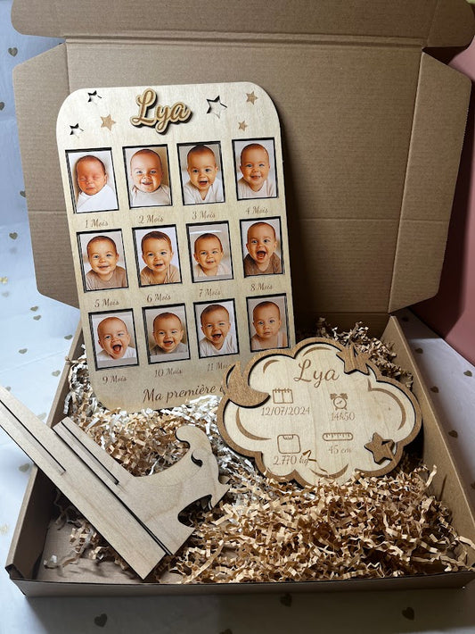 Coffret Naissance Personnalisé : Cadre “Ma première année” + Plaque “Nuage”