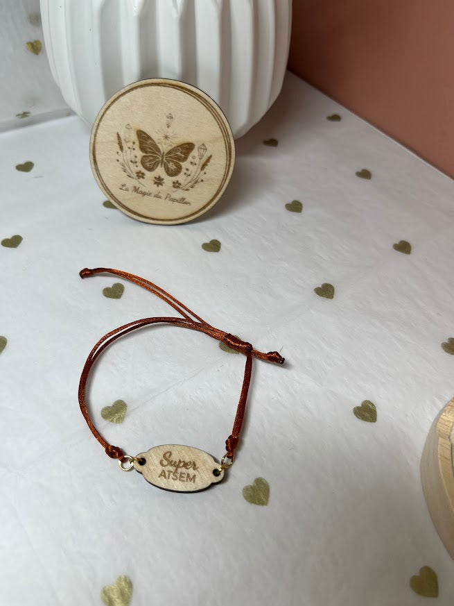 Bracelet cordon à message en bois gravé