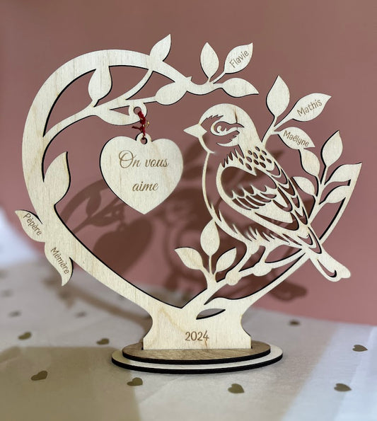 Support Oiseau et Cœur Personnalisé en Bois