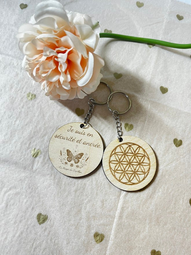 Porte-clés Fleur de Vie et Mantra en bois :  Création artisanale