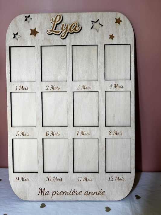 Cadre « Ma première année » en bois : 12 mois et prénom personnalisé