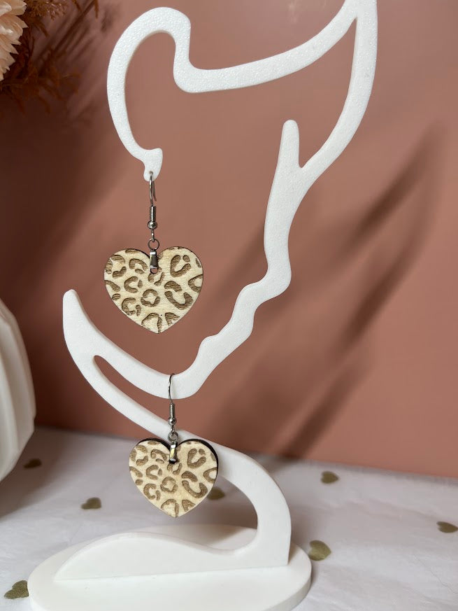 Boucles d'oreilles en bois Cœur Léopard