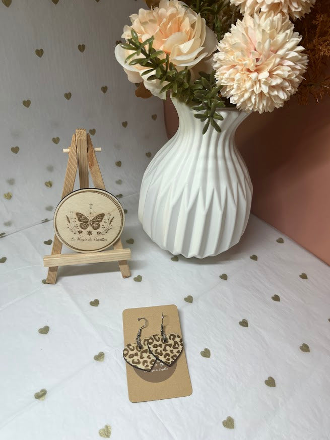 Boucles d'oreilles en bois Cœur Léopard